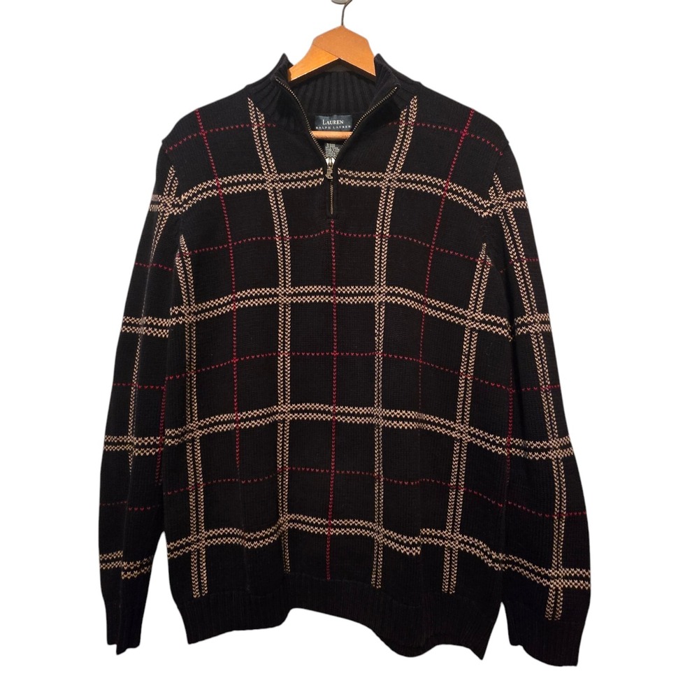 Lauren Ralph Lauren Women's Mock Neck Sweater MED Black Plaid Academia Preppy